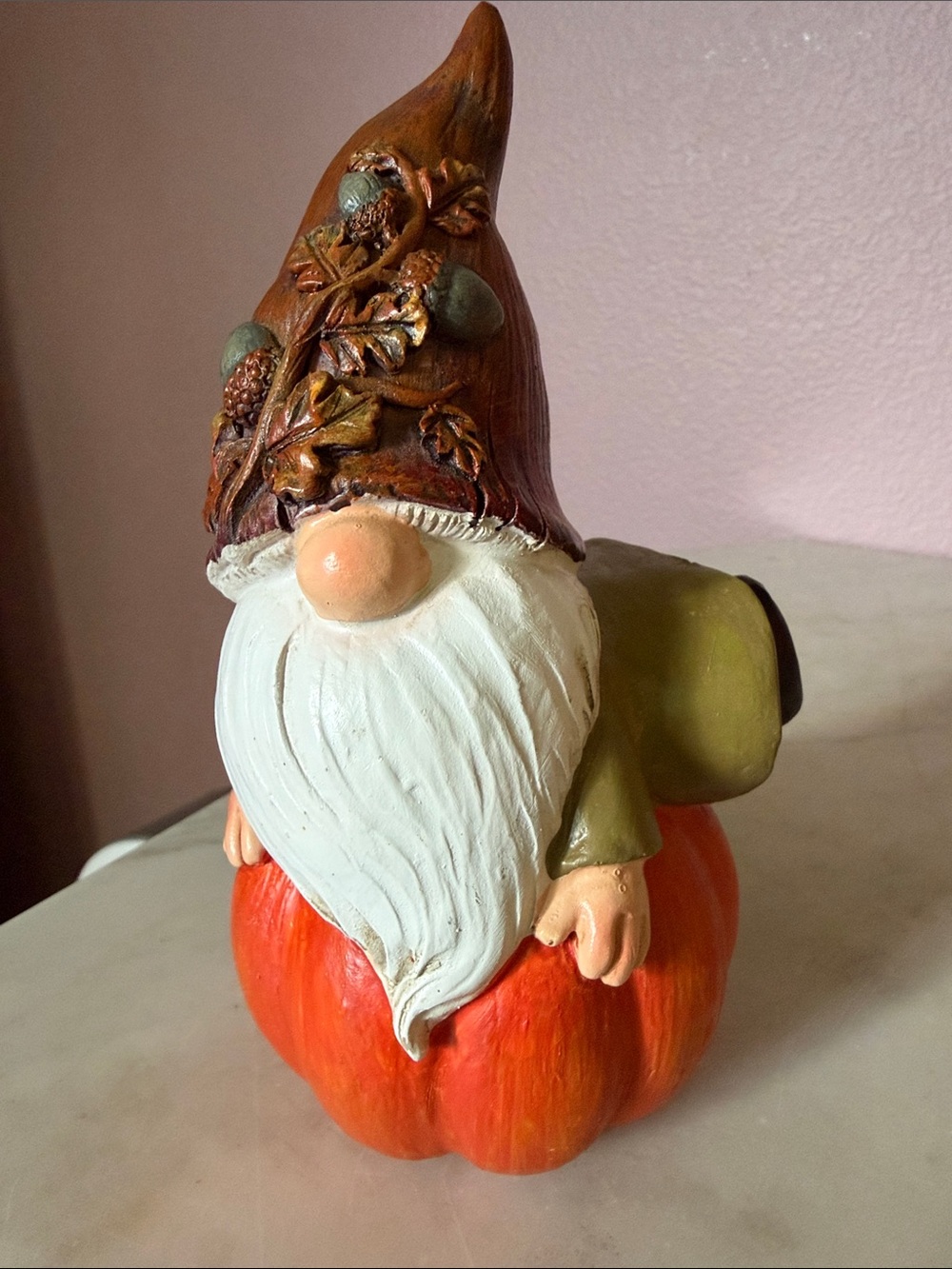 Autumn Gnome on Pumpkin Decorative Accent - White Beard, Orange Pumpkin